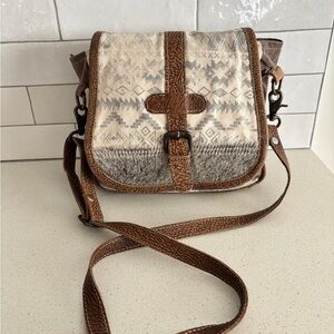 Myra Crossbody Bag Purse Canvas & Cow Hide Real Leather Purse Aztec Western Boho